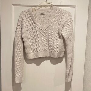Cropped Cable Knit V-Neck Sweater - Cream XS